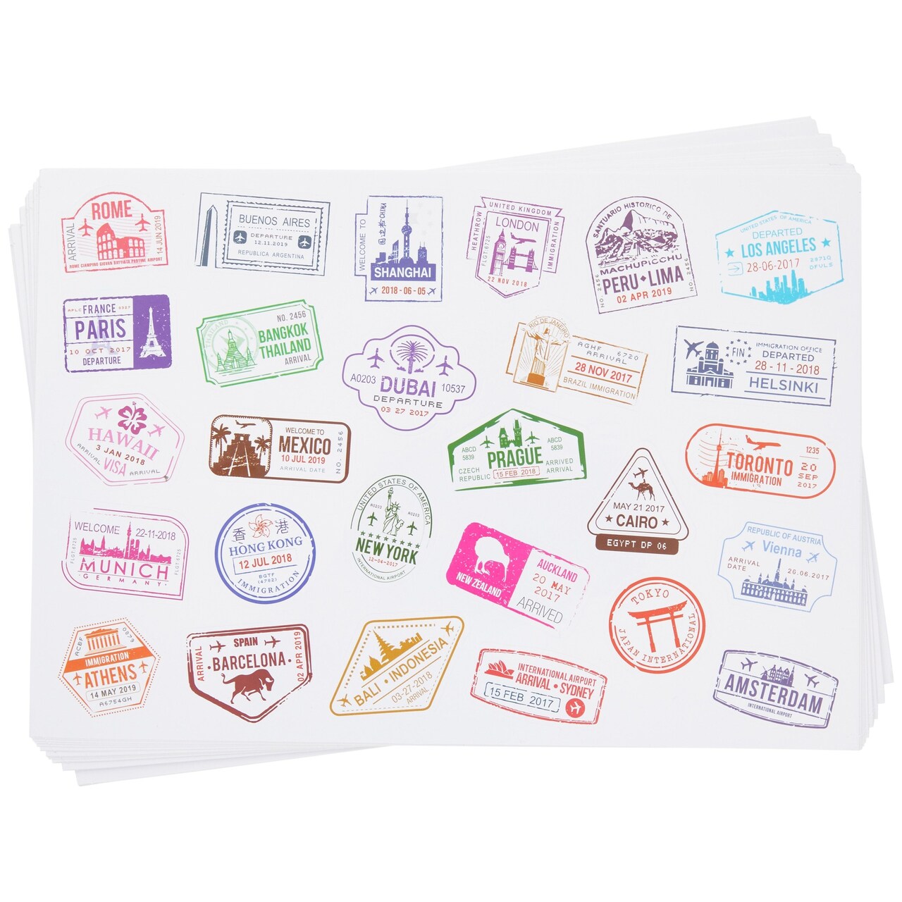Vintage Travel Stickers for Water Bottles, Passport Stamps for Kids Party Favors, Scrapbooks (27 Cities, 810 Count)